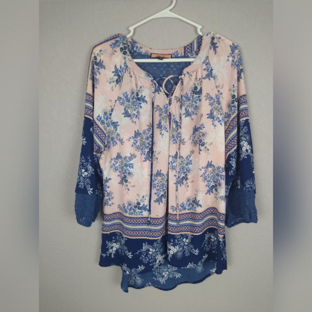 OLIVE HILL Boho Peasant Floral Top Pink Blue Med. - Picture 2 of 15